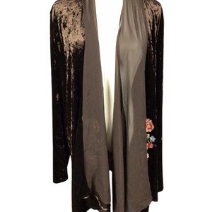 NWT Andree by Unit Brown Velvet Floral Embroidered Cardigan Kimono 3XL